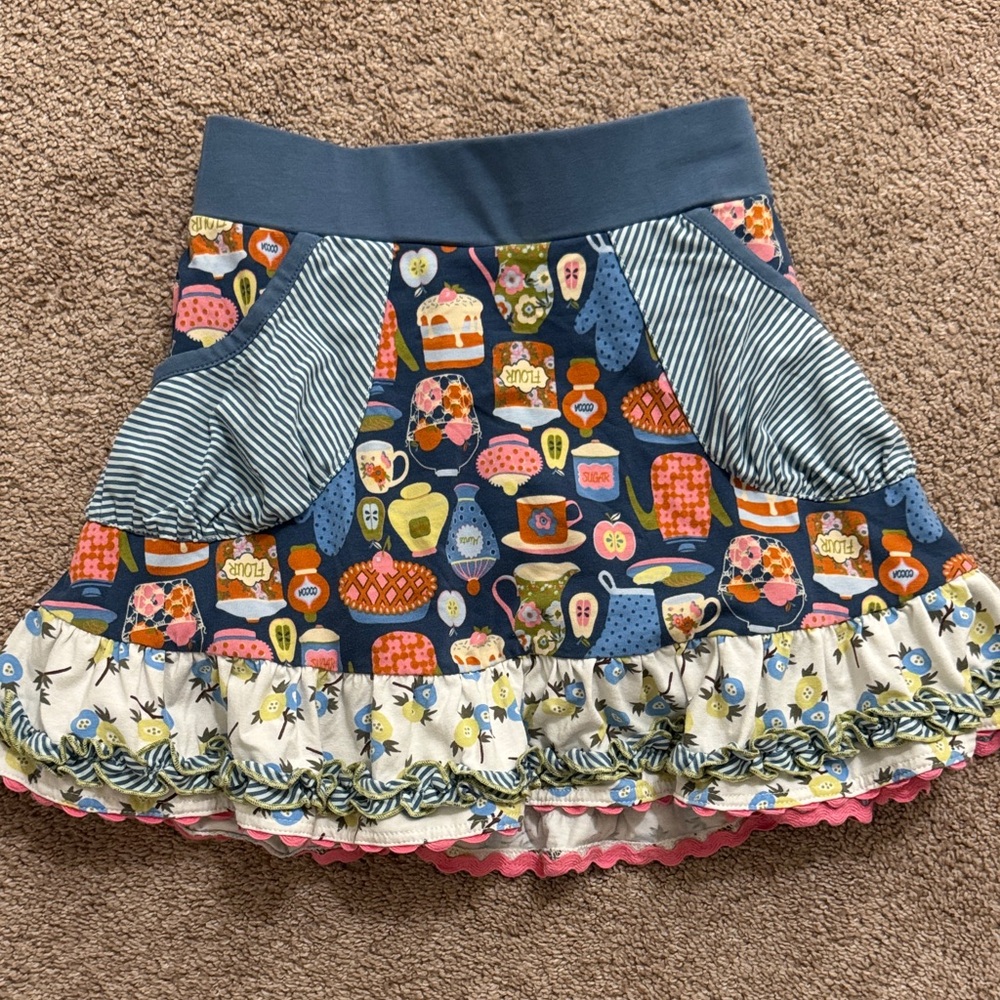 Matilda Jane Girls Skirt, vintage blue kitchen print & built in ruffled bloomers